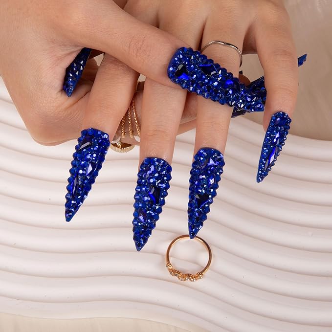 LOVFUL Press on Nails Deep Sea Classic Rhinestone | Handmade with Full Covered Crystals | Reusable Full Cover Nails | Stiletto Mid Length 1.7 in | H75-S