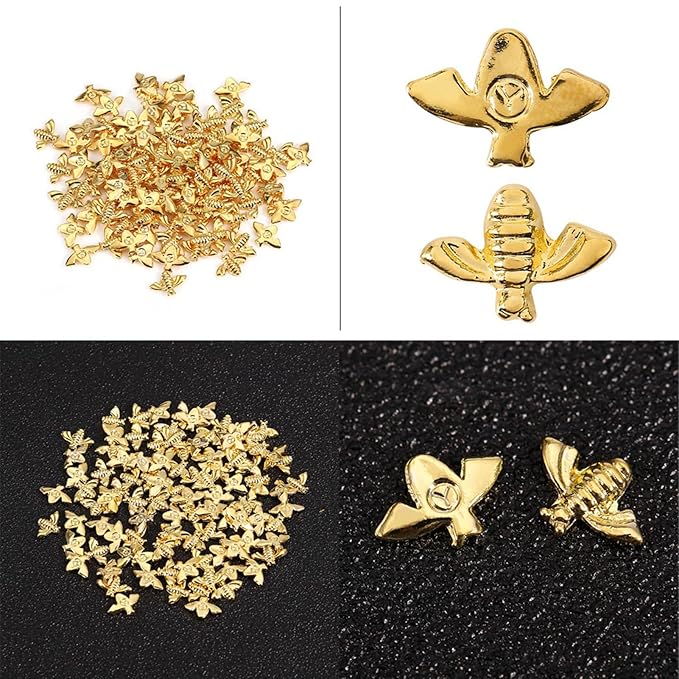 3D Nail Art Accessories, 100pcs Metal Bees Nail 3D Nail Art Decoration Gold Alloy Nail Charming Stickers Gold Nail Decals Manicure DIY Nail Art Supplies(Gold (100 pieces))