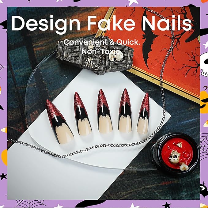 Halloween Press on Nails - Long Stiletto Fake Nails with Bat & Glitter Designs | Cat Eye False Nails,Full Cover Acrylic Nails,Red Nail Tip Stick on Nail for Women Girls Halloween Nail Art - 24Pcs