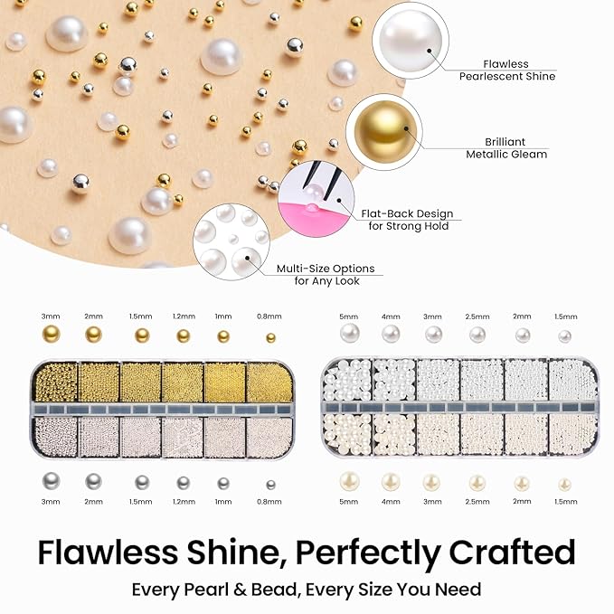 Beetles 3D Nail Charms Gold Silver Nail Beads and White Pearl with 15g Rhinestone Glue Tweezers Pick-up Pencil for Nails Art Metallic Round Caviar Beads White Flatback Pearls Manicure Accessories
