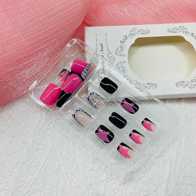 Square Press on Nails Short Fake Nails with Designs Stars Rhinestone Stick on Nail Pink Stars Acrylic False Nail Glossy Artificial Nail Full Cover Glue on Nails for Women
