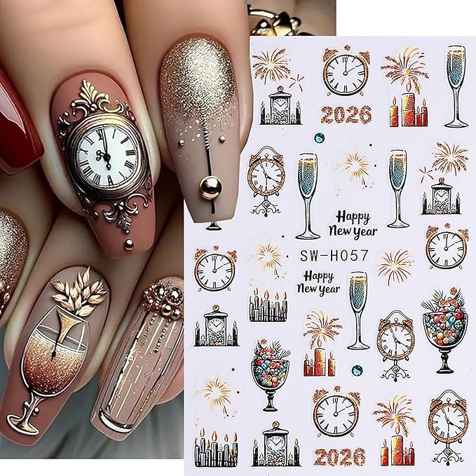 6Pcs Christmas Nail Art Stickers Decals 2026 New Year Fireworks Clock Nail Design Stickers Winter Xmas Nail Art Supplies 3D Self Adhesive Glitter Nail Decals Holiday Manicure Accessories for Women