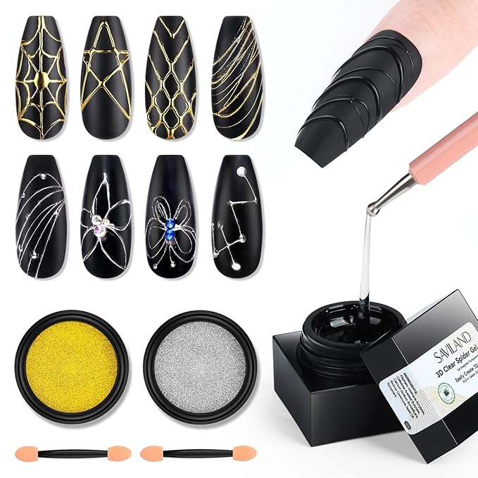 SAVILAND 3D Spider Gel for Nail Art: No Wipe Clear Elastic Spider Gel with Metallic Silver Gold Chrome Powder for 3D Liner Nail Art Sculpture Design Home DIY Salon Manicure