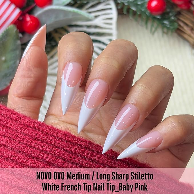 NOVO OVO White French Tip Sharp Stiletto Pointed Medium Long Nail Tips Press on Baby Pink, Soft Gel Fake Acrylic Extension, Full Cover False Nails for Salon DIY x 16 Sizes 160 pcs
