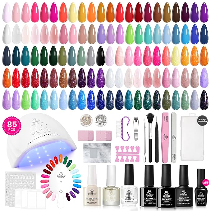 Beetles 85 Pcs Gel Nail Polish Kit with U V Light 55 Colors Gel Nail Kit Jelly Pink Nude Set with Everything Salon at Home Nails Manicure Beginners Set Emotional Spectrum Collection Gifts for Women