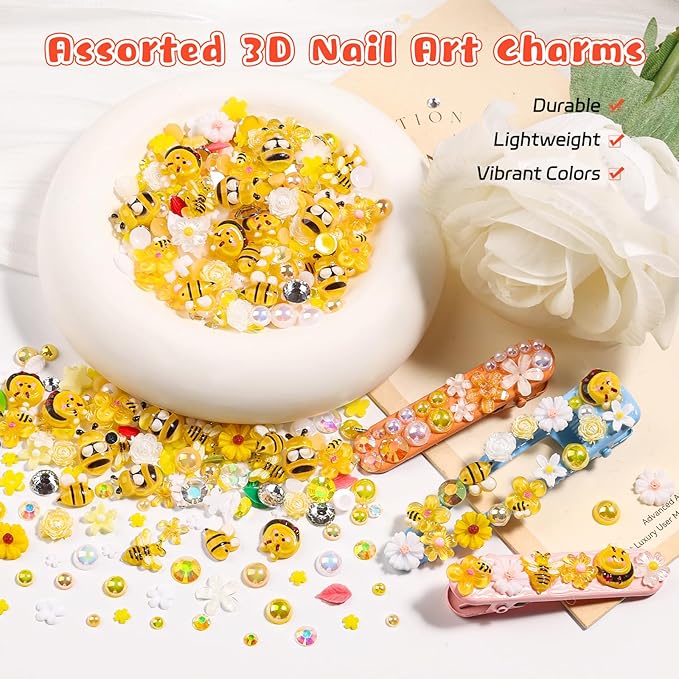 1200PCS Bee Flower Nail Charms Kit, 3D Daisy & Sunflower Resin Charms, Acrylic Bees, Half Pearls Rhinestones for Nail Art, DIY Crafts with Tweezers