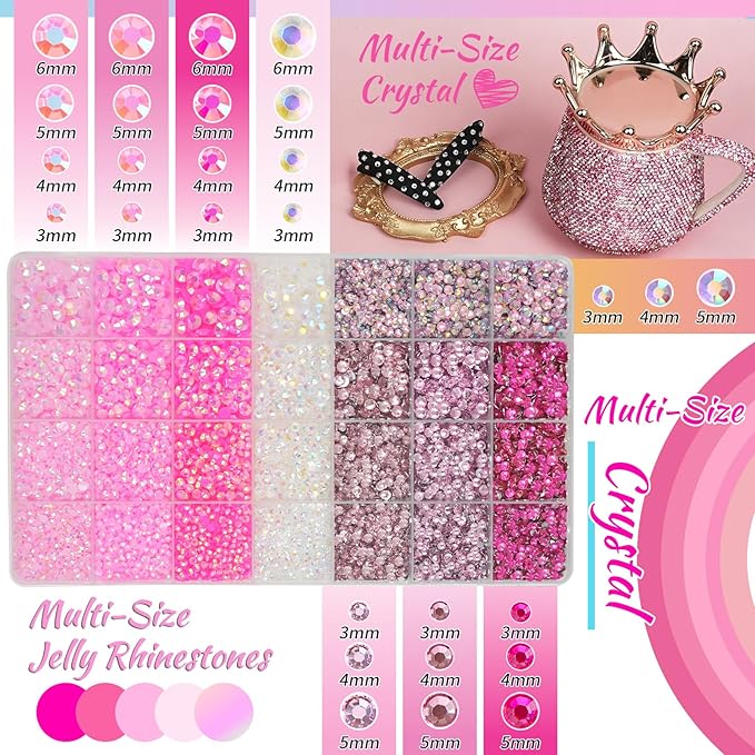 Resin Jelly Rhinestones for Bedazzling, EARLMONI Multi Colord Bedazzler Kit with 15ml B7000 Rhinestone Glue Rhinestone Pen Tool for Clothes Nail Art (Pink, 3/4/5/6MM)