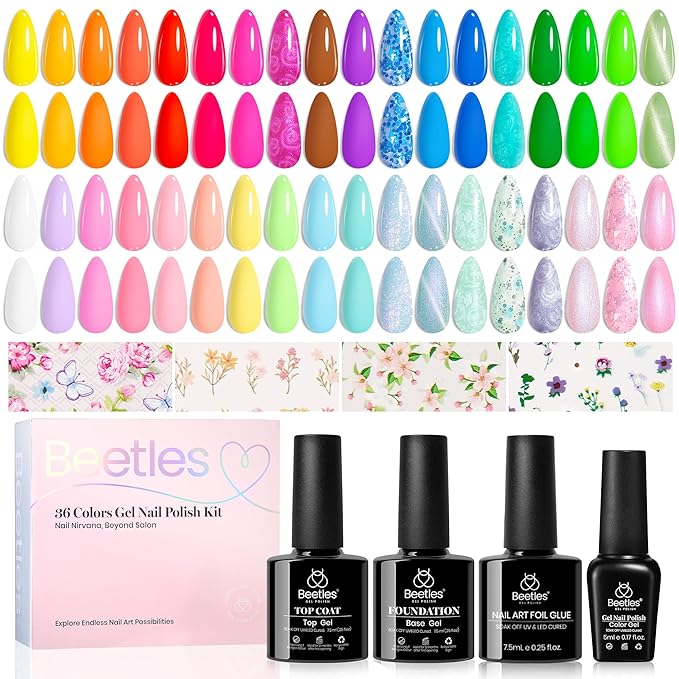 beetles Gel Polish Kit - 36 colors Pastel Polish Blue Green Glitter Nail Polish with Nail Art Foil Glue Base Coat Glossy Top Coat Impressionist Garden Soak off Uv Gel Manicure Kit Gifts