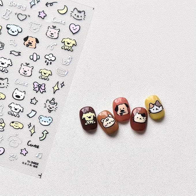 Dedyel 5D Embossed Cute Dog Nail Art Stickers Cartoon Kawaii Design Anime Self Adhesive Nail Stickers for Women Kids Girls Nails Art Decorations