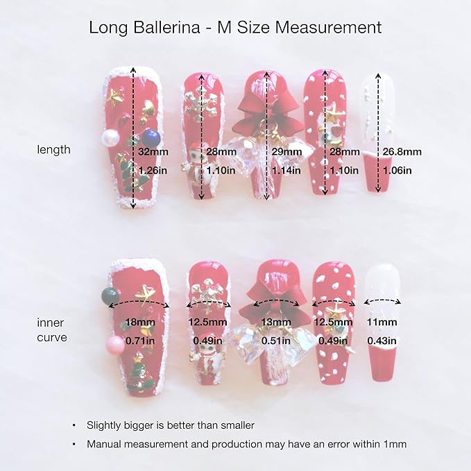 Christmas Press-On Nails, Long Ballerina Shape, Red and White Design with Snowman, Bows and Snowflakes, 10 Pieces (Medium, LS)