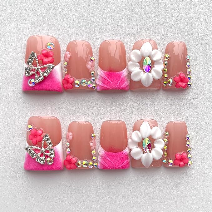 French Tip Press on Nails Handmade Short Duck 3D Flower Thick Acrylic Nails Pink False Nails with Butterfly Floral Rhinestones Designs Elegant Glossy Fake Nail Sturdy Art Press on Nail 10Pcs(S)