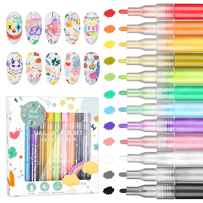 12 Colors Nail Art Pens Set, Nail Polish Pens for Nail Art Quick Drying 3D Acrylic Paint Markers for Painting Dotting Liner Pen Nail Salon DIY Design Kit