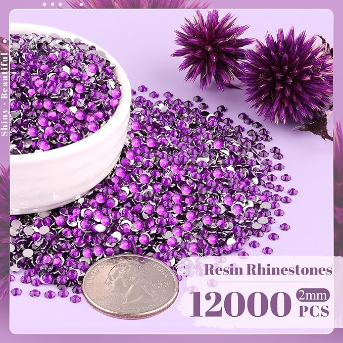 12000PCS 2mm Resin Rhinestones Bulk for Crafting (Dark Violet), Flatback Bedazzling Crystals for Crafts DIY Nail Decoration, Gems Charms for Tumbler Shoes Clothing Fabric with Pickup Pen and Tweezers