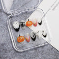 Halloween Press on Nails Handmade 3D Cute Little Ghost & Pumpkin Fake Nails Design Muti-Layer Gel Acrylic Nail Glitter Stick on Nails Full Cover Short Almond Black French False Nail for Women (Size S)