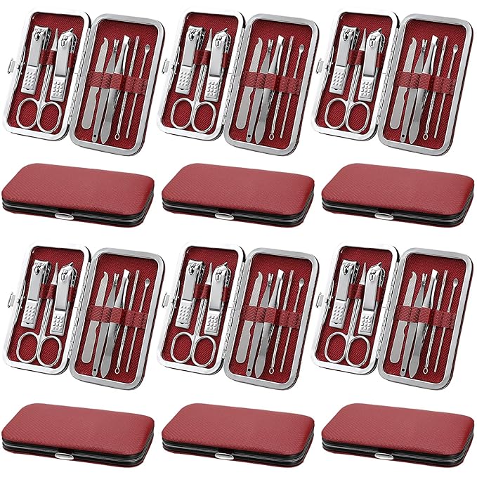 Geosar 12 Sets Manicure Set Nail Clippers Pedicure Kit 8 in 1 Grooming Stainless Steel Kits Nail Care Tools with Travel Case for Employee Coworker Teachers Nurse Gifts(Wine Red)