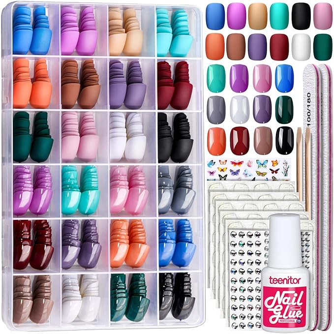 Teenitor 24Pack Short Press On Nails, 576Pcs Round Press On Nails, Matte and Glossy Short Fake Nails With Glue