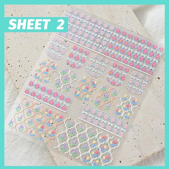 Colorful Bohemian Nail Art Stickers, Summer Spring Flower Nail Decals, Self-Adhesive, Nail Accessories for Women, Nail Decorations 3 Sheets