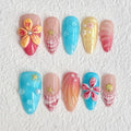 Luxury Press on Nails Medium Almond Handmade 3D Unique Reusable ABS Material Fake Nails French Tip False Nails with Designs Hawaii Ocean Flower Art Petal Glossy Glue on Nails Thick Acrylic Nails(M)