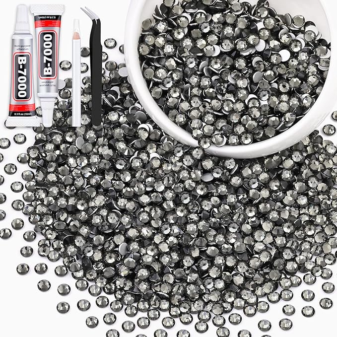 3000PCS SS16/4mm Crystal Rhinestones (Black Diamond) with 2Pcs 10ml B7000 Jewelry Glue, Bedazzling Flatback Glass Rhinestones for Crafting, Gems Diomand Charms for Tumbler Shoes Clothing Mugs Nail Art