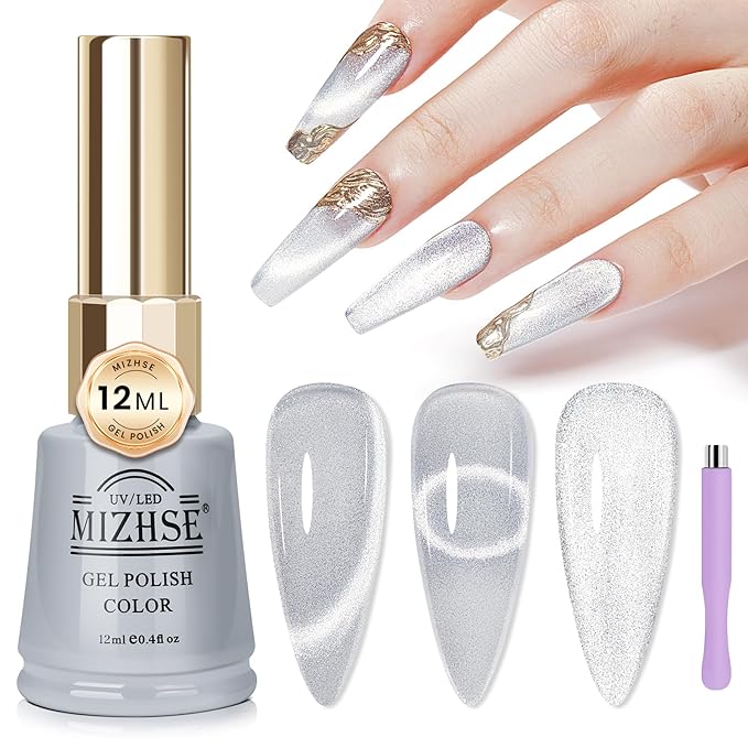 MIZHSE Cat Eye Gel Nail Polish Silver Glitter Cateye with Magnet, Holographic Crystal Shimmer Magnetic U V LED Soak Off Gel Polish for Home DIY Manicure
