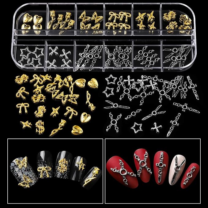 Teenitor Nail Charms and Gems with Nail Stickers, 6 Boxes Silver & Gold Nail Gems and Rhinestones Kit for Women, 3D Nail Art Rhinestones Nail Pearls, Caviar Beads for Nails,Y2K & Cross Nail Charms