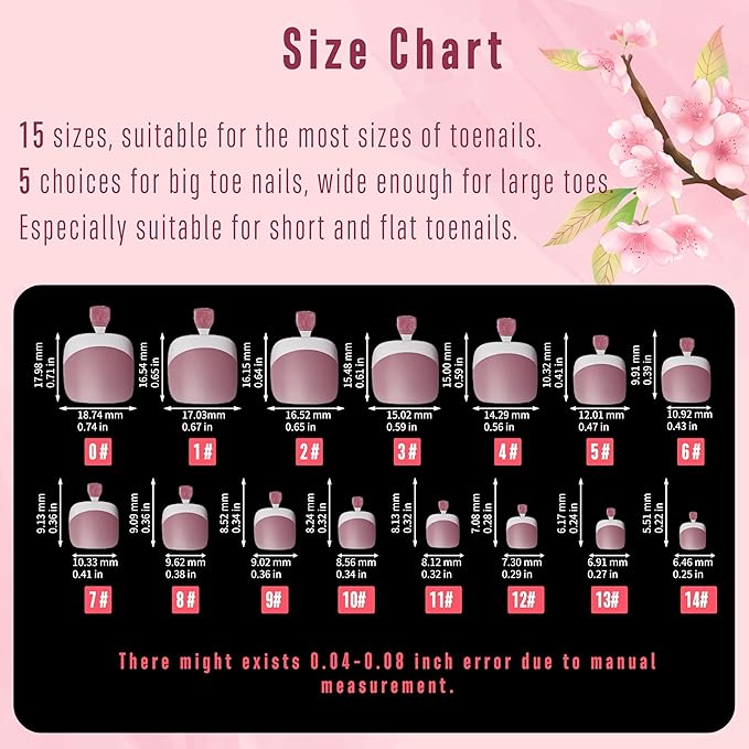 NOVO OVO Fake Toe Nail Tips Press on, French Tip Soft Gel Toenail Extension, BERRY PINK Square Round Pre-applied Tip Primer & Base Coat, Full Cover Matte False Nails for DIY x 15 Sizes 360Pcs