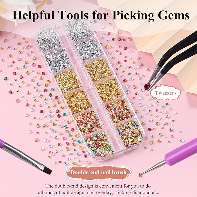4200 Pcs Nail Art Rhinestones Kit,2-3mm Shiny Gold/Silver/Mixed Colors Rhinestones,3D Pointed Bottom Nail Gems with Tweezers and Dual-end Brush for Manicure DIY Crafts Face Makeup(26-K1-pointed-GS)