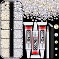 Flatback Pearls for Crafting with 3Pcs 10ml B7000 Jewelry Glue, 1 Box of Half Round Beige and White Pearls, Bedazzling Beads for DIY Crafts Clothing Tumblers Shoes Embellishment Nail Art