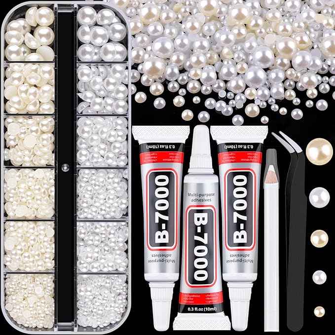 Flatback Pearls for Crafting with 3Pcs 10ml B7000 Jewelry Glue, 1 Box of Half Round Beige and White Pearls, Bedazzling Beads for DIY Crafts Clothing Tumblers Shoes Embellishment Nail Art