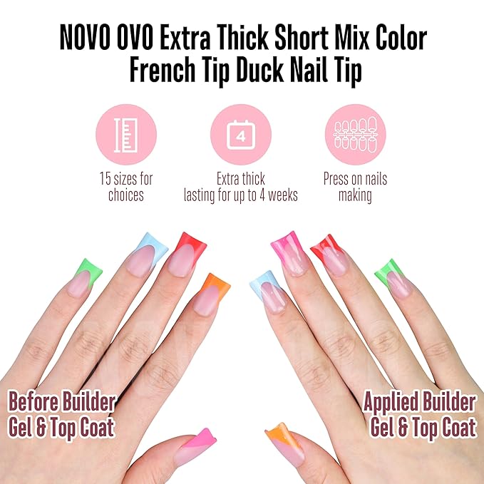 NOVO OVO French Tip Short Duck Nail Tips Press On 5 MIXED COLOR, Pre-designed Soft Gel Nail Extension, Pre-applied Tip Primer & Base Coat, Full Cover Acrylic False Nails for DIY x 12 Sizes 240 pcs