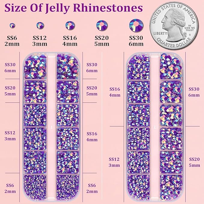 Resin Jelly Rhinestones for Crafting with B7000 Jewelry Glue, 2 Boxes Dark Purple AB Flatback Crystals with 3Pcs 10ml Glue, Bedazzling Non Hotfix Gems for DIY Tumblers Clothing Shoes Manicure