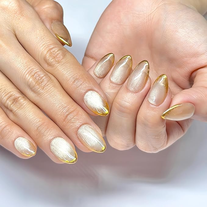 Press On Nails Short Almond Iridescent Nude-Cat Eye with Gold Glitter French Tip | Reusable Soft Gel Nails in 12 Sizes 24 Nail Kit with Glue | Designed in L.A, Handmade in Vietnam | Golden Eye