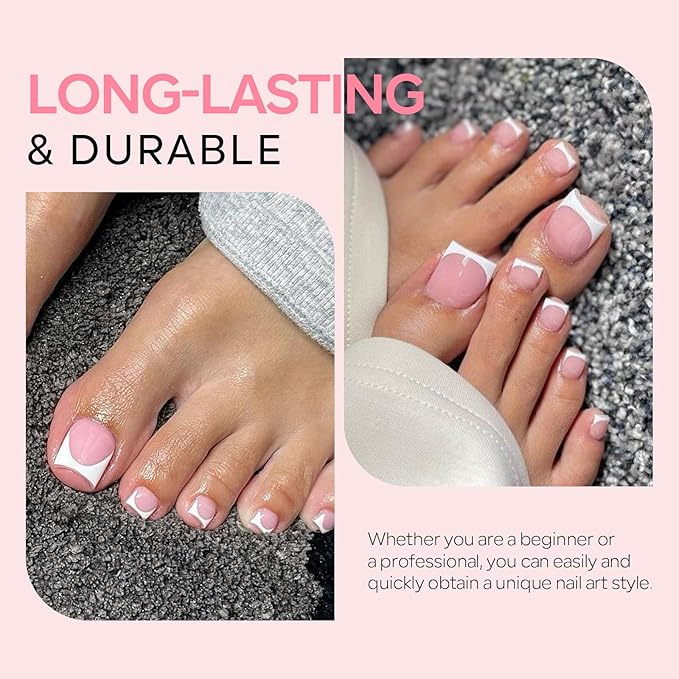 Toe Nail Press On with 2 Nail Glue, 150pcs Square French 15 Sizes Thick Soft False Toenail Extension, Light Pink Full Cover Acrylic for Women Nail Art DIY