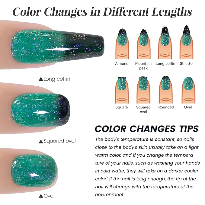 YTD Likomey Brocade Glitter Color Changing Gel Nail Polish,15ml Bright Green To Dark Green Shimmer Mood Temperature Change Colors,Fall Winter Ombre Thermal UV Nail Gel,WB349