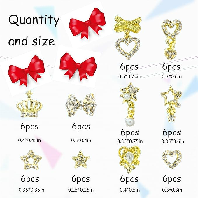 60PCS Gold Nail Charms and Gems: 3D Heart, Star, Crown, Bow Rhinestones for Nails Design