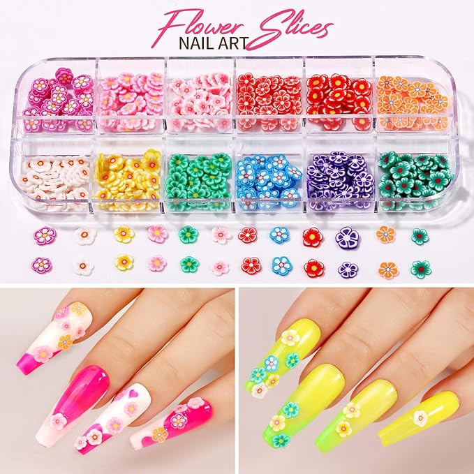 Teenitor 12 Sheets Nail Art Sticker 3D Self-Adhesive, Nail Art Decoration with 5 Boxes Holographic Glitter Flakes Butterfly Heart Star Maple Leaf Nail Sequins and Flower Slices