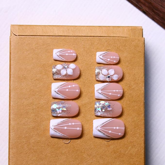 Press On Nails - Short Square Handmade Unique Fake Nails, Salon Nails, Durable Acrylic and Muti-Layer Gel Nails Reusable 3D Fake Nails M size