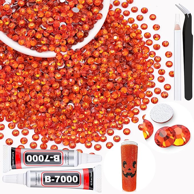 2000PCS SS16/4mm Crystal Rhinestones (Orange/Hyacinth) with 2Pcs 10ml B7000 Jewelry Glue, Bedazzling Flatback Glass Rhinestones for Crafting, Gems Diomand Charms for Tumbler Shoes Clothing Nail Art