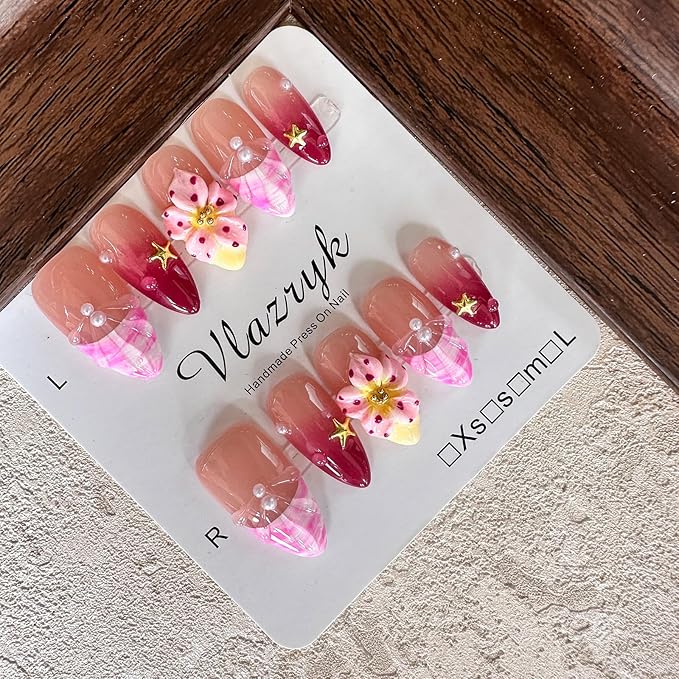Handmade Press on Nails Wine Red Gradient,French Tip 3D Flower & Pearl Designs,Full Cover Medium Almond Fake Nails,Multi-Layer Gel Acrylic Stick on Nails for Women (10pcs)