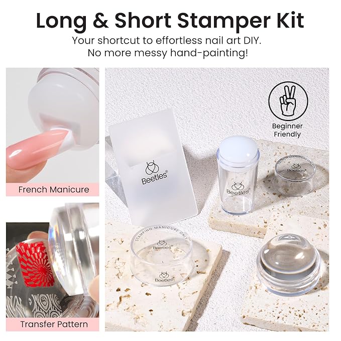 Beetles French Tip Nail Stamp Tool 4Pcs Short Clear Silicone Nails Stamping and Long French Tip Stamper with Nail Scraper Art Tips Printing Stamper Tool Set for Manicure Home DIY Salon
