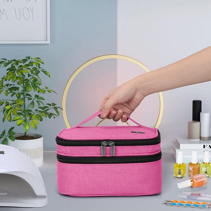 LUXJA Nail Polish Carrying Case - Holds 30 Bottles (15ml - 0.5 fl.oz), Double-layer Organizer for Nail Polish and Manicure Set, Pink (Bag Only)