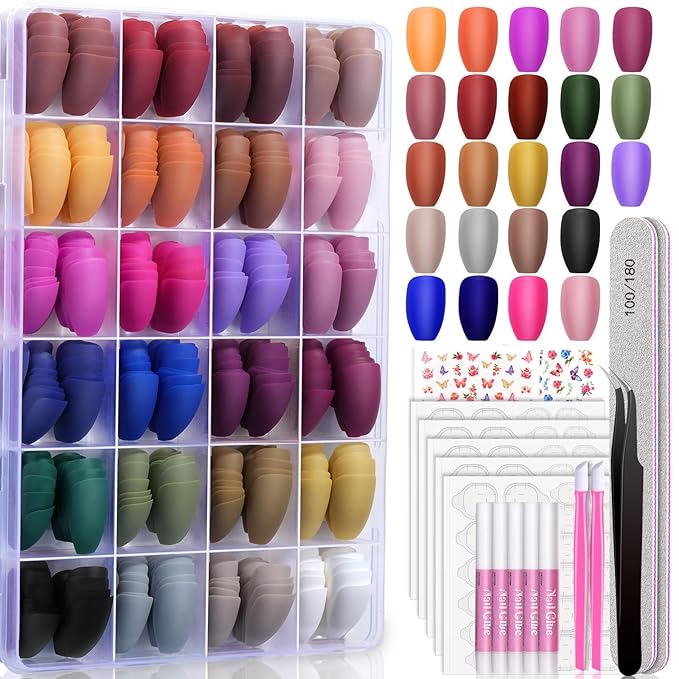 TsMADDTs Matte Press on Nails Coffin, Short Matte Fake Nails Almond 720 pcs with Nail Adhesive Tabs, Files, Stickers, Tweezer, Glue for Nail Art DIY at Home
