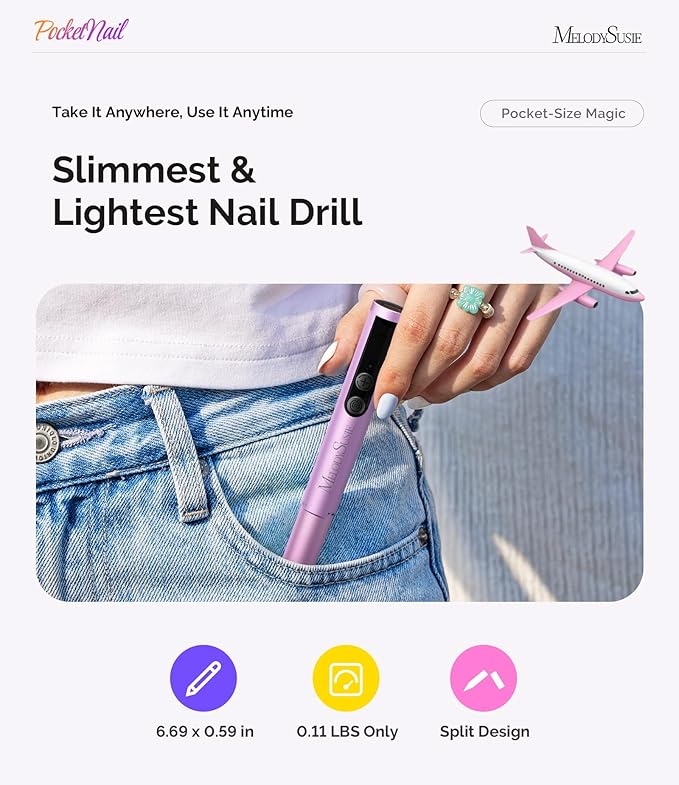 MelodySusie PocketNail Pen-Shaped Cordless Modular Nail Drill, Extended Kit, PC100GR 20000RPM Slim Portable Rechargeable Electric File for Nail Care & Gel Removal at Home for Beginners, Grape Ice