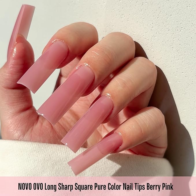 NOVO OVO Long Sharp Square Nail Tips Press on Pure Color BERRY PINK, Extra Thick NEED Builder Gel & Top Coat, Soft Gel Matte Fake Nail Extension, Full Cover False Nails for Salon DIYx 15 Sizes 180 pc