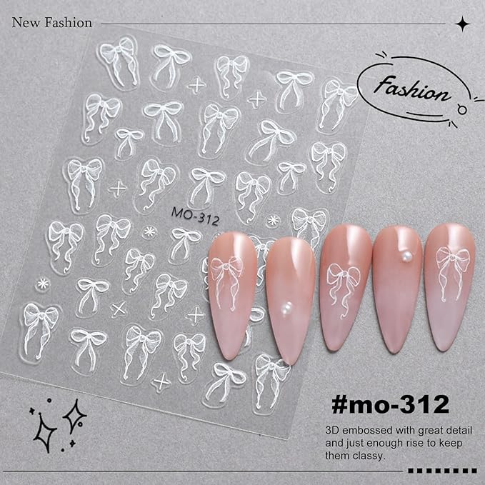 3 Sheets Bow Nail Sticker 3D Embossed Self-Adhesive Color Bow Art Nails Decals 5D Design Stickers Supplies for Women Girls Manicure Decoration 807-10