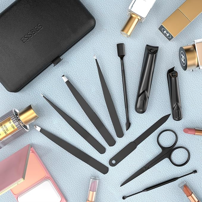 Manicure Set 10 in 1 Stainless Steel Nail Clippers Scissors Tweezers Grooming Kit with Travel Case (Black)