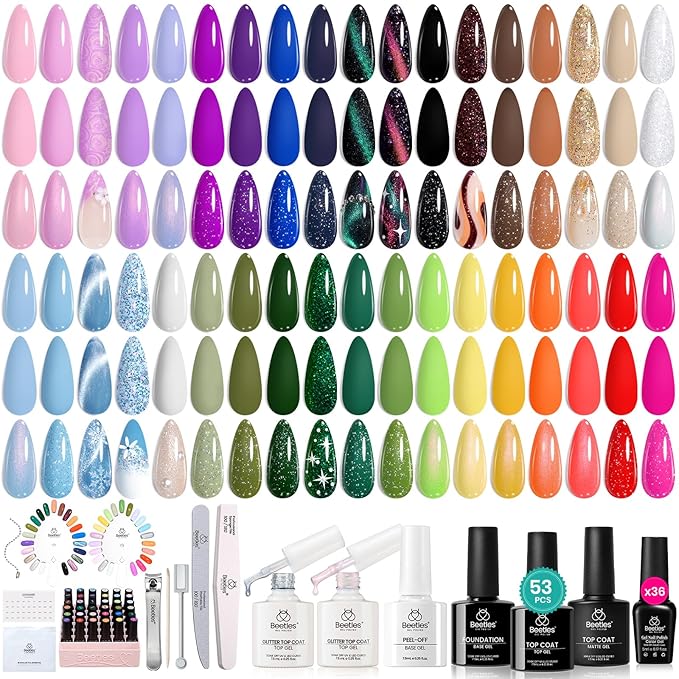 beetles Gel Polish Kit - 36 Colors Nail Kit Pink Purple Cat Eye Polish Set With 4pcs Base and Glossy Matte Glitter Top Coat Travel Diary Soak off Uv Gel Manicure Gift for Women