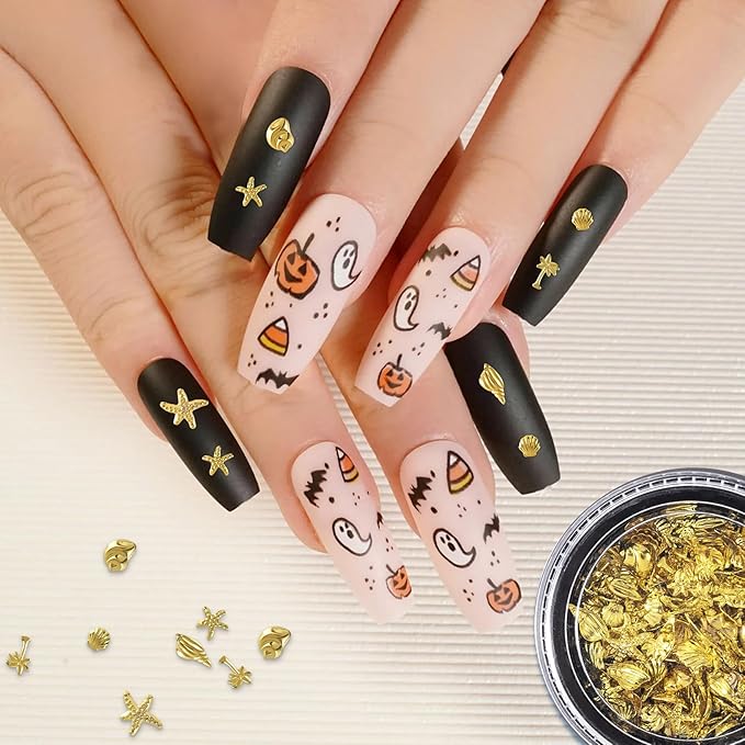 2 Disc Ocean Nail Art Charms, 3D Metal Nails Stickers, Beach Starfish Seashell Decals Manicure DIY Embellishments for Women- Gold