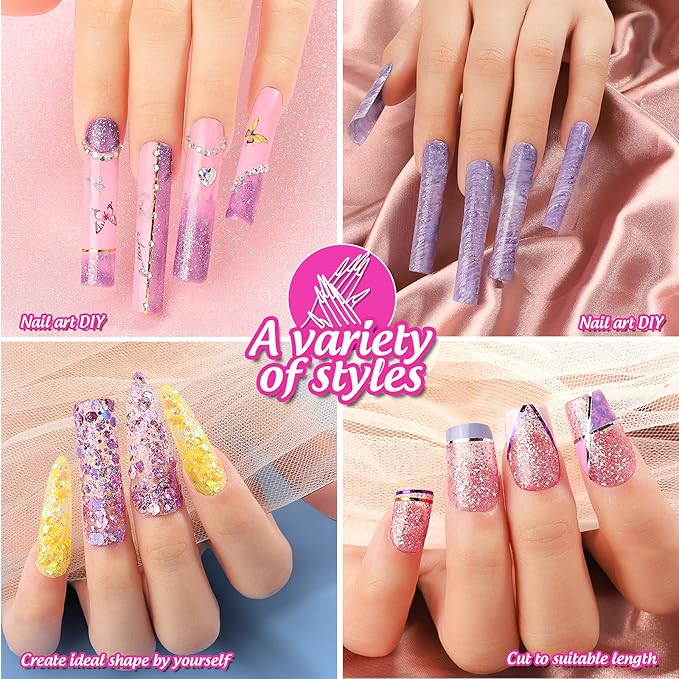HNYYZL Extra Long Square ABS False Nail Tips, 240Pcs Kit with C Curve, Nail Glue, File for Salon Home DIY