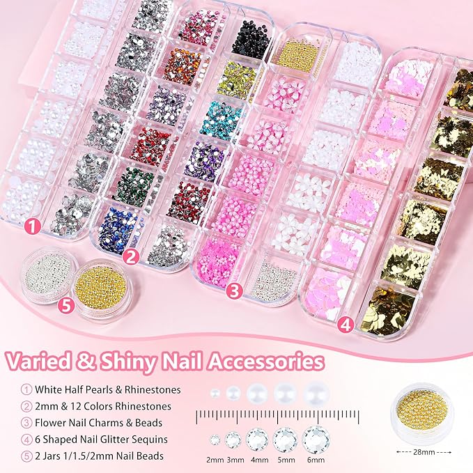 20 Nail Art Brushes Kit with Striping Tapes, Rhinestones, Pearls, Butterfly Sequins, Flower Charms & Gold Stickers for Nails DIY Manicure Gifts (Rosy)